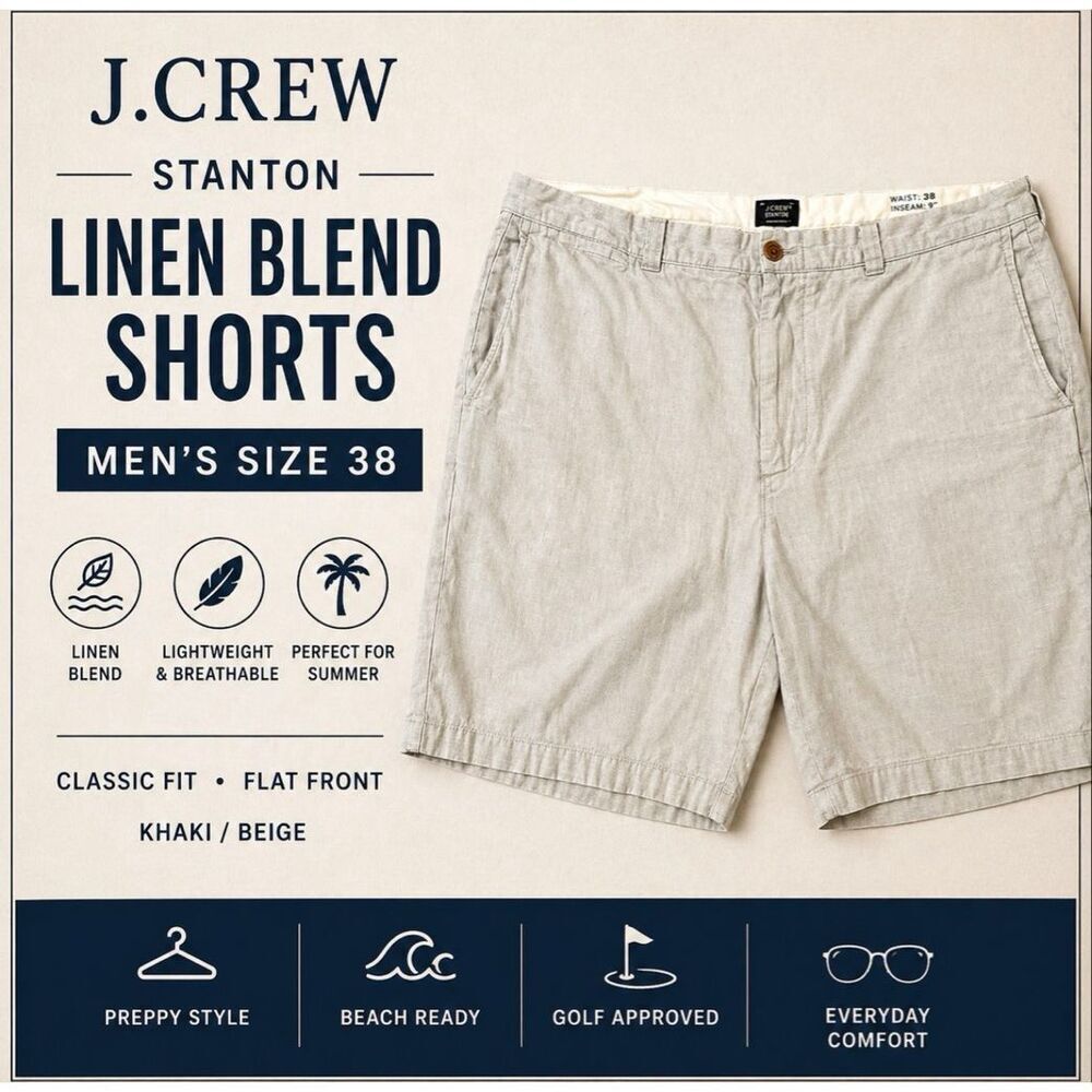 J.Crew Stanton Men’s 38 Linen Blend Shorts gray Flat Front Casual Summer